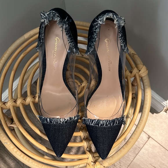 Gianvito Rossi Navy Blue Denim and PVC Plexi Pointed Toe Pumps - Picture 5 of 6